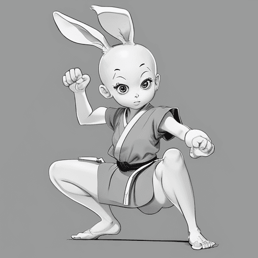 AI generated: sketch, no color, cartoon, line art, 2D, rabbit girl, monk, karate pose
