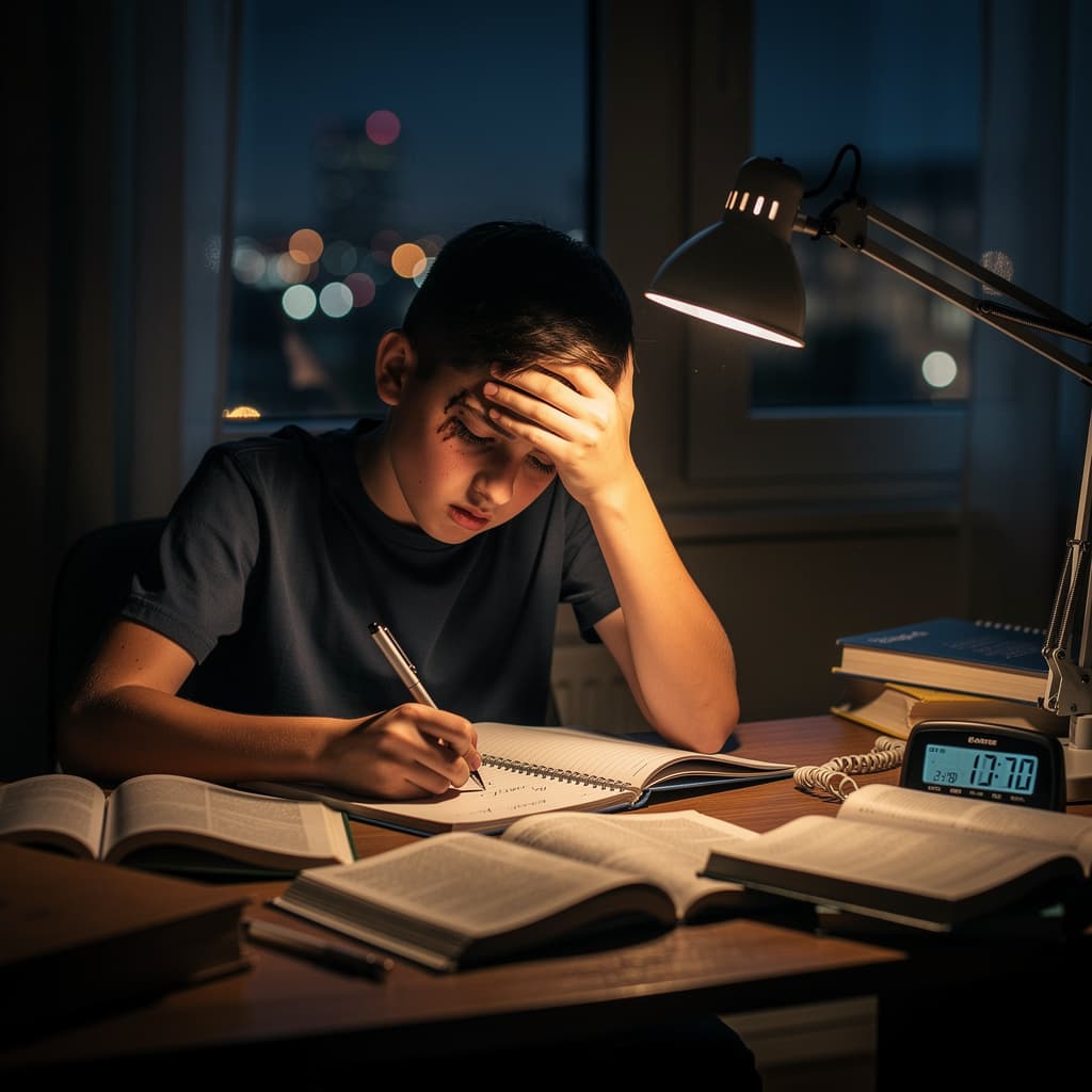 AI generated: A boy and he studies for his exam and he has stress
