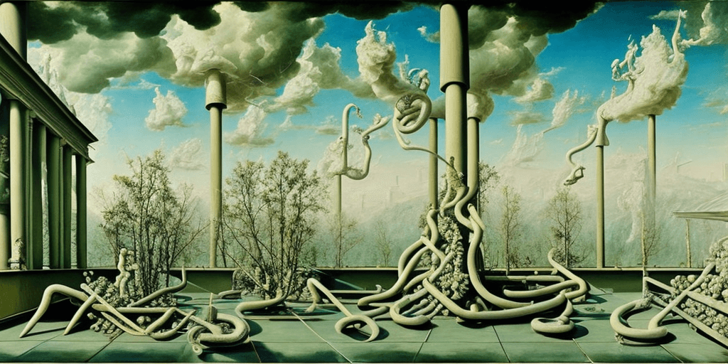 AI generated: oil painting, abstract, rooftop, neo rauch, painting with incomparable reality, intricate details