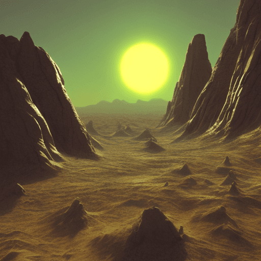 AI generated: alien planet landscape, desert, two suns, green sky, 1970s scifi art, illustration —version 3 —w 108...