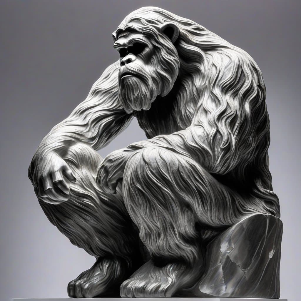 AI generated: a contemplative Yeti as "The Thinker", sculpture made of black marble, museum exhibit, style of Augu...