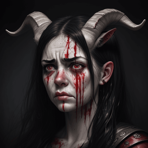 AI generated: realistic epic, Woman with (goat horns 1.2), sad look, deeply sad facial expression, red and swollen...