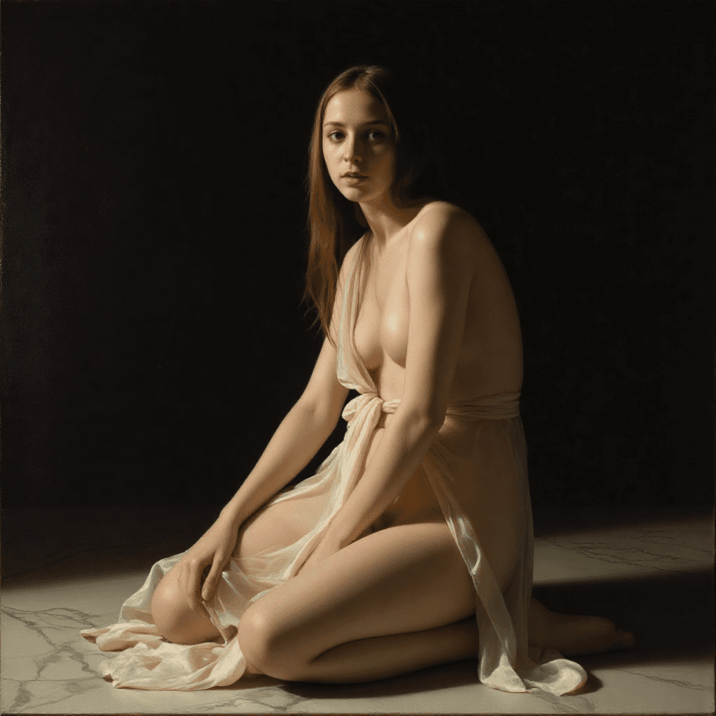 AI generated: 
diaphanous ivory robe slipping off one shoulder::1.4  
dramatic chiaroscuro with deep shadow enve...