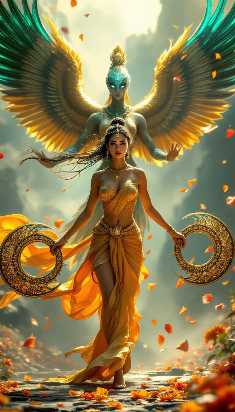 AI generated: An ultra-realistic, wide angle, front facing, full-body portrait of a mesmerizing Dancer in golden t...