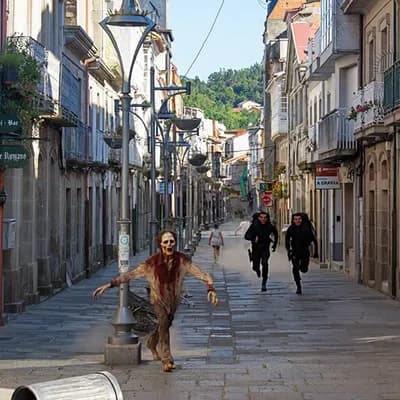 AI generated video: en esta calle quiero que deteriores todo como si hubiesen pasado varios años despues de una invasion...