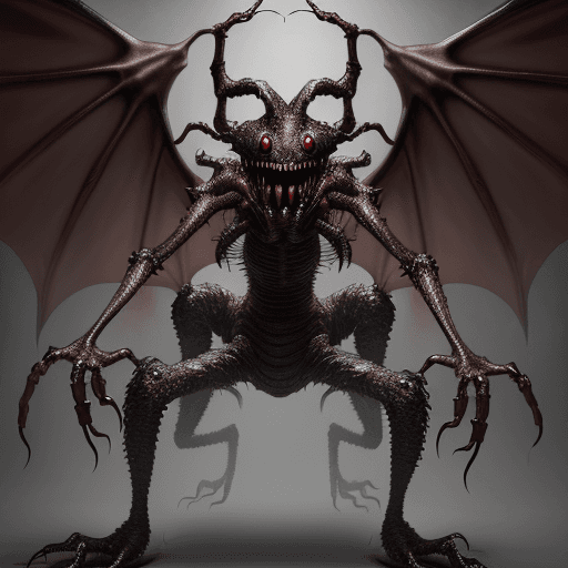 AI generated:  high quality foto of a monster, 10 legs, 3 arms, slimy, 3 grimaces with big teeth, wings, horror hi...