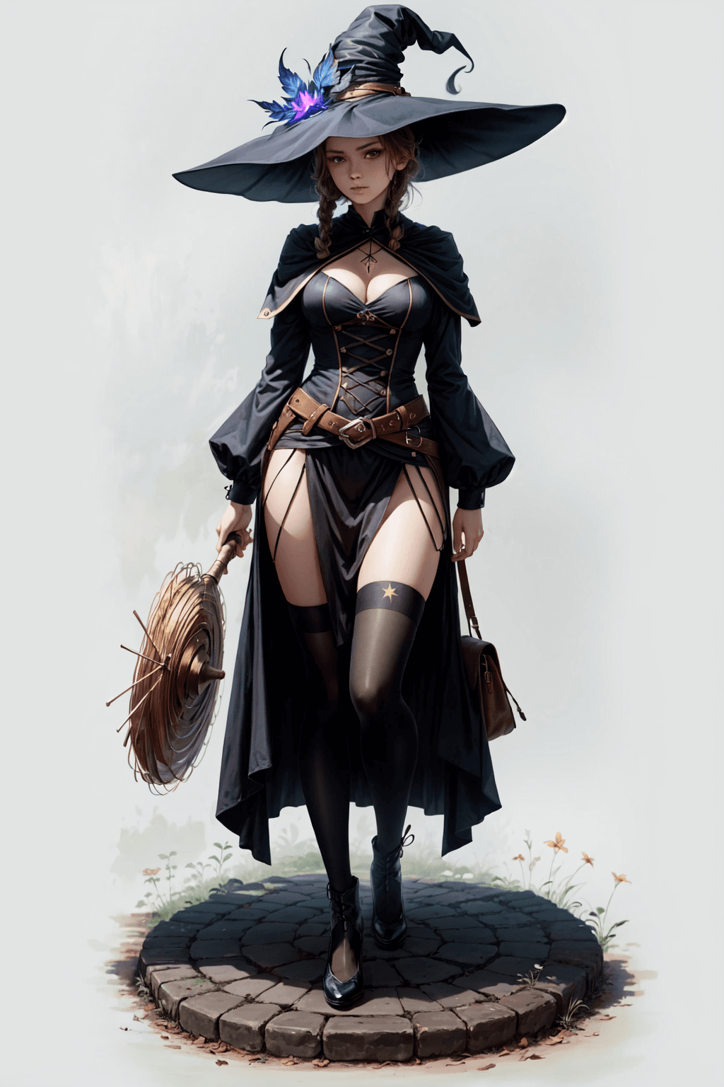AI generated: rugged girl witch wearing a magic school uniform, large wide-brimmed witch hat, cinematic, elaborate...