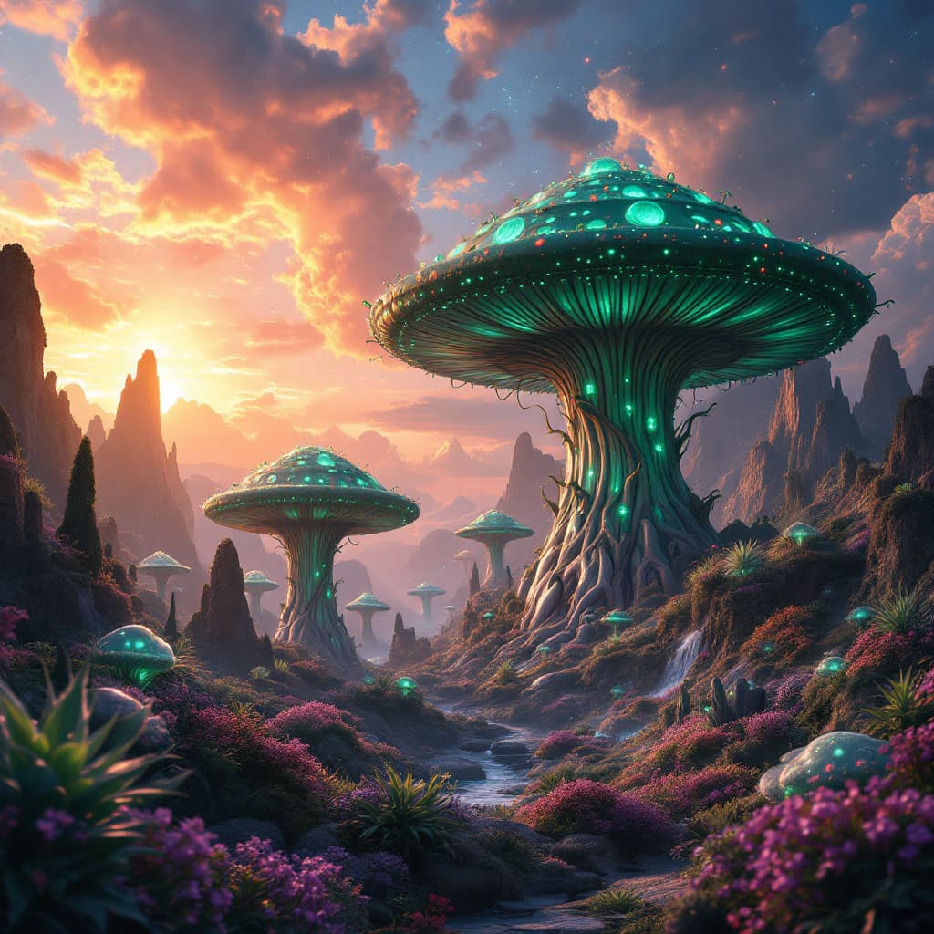 AI generated: Fantasy landscape, dynamic lights, glowing emerald, nebulas, sunset,,8k photorealistic eternal  ambi...