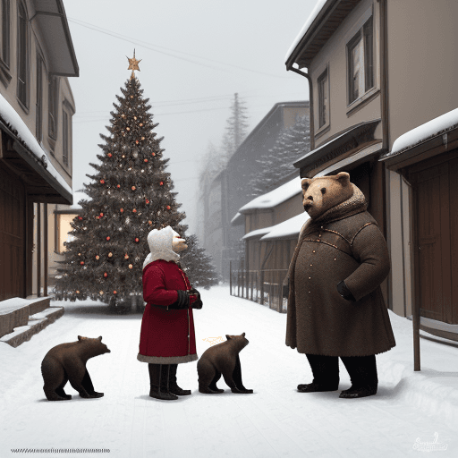 AI generated: New Year's background snowy street Christmas tree stands elegant next to a bear cub and 2 dwarfs