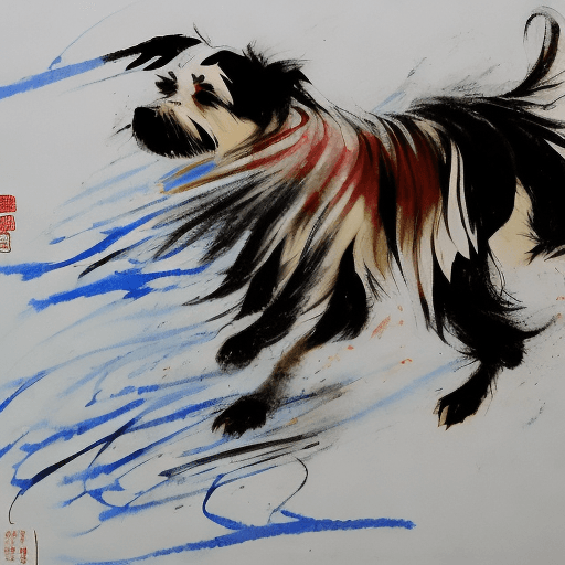 AI generated: Picture a dog portrayed with the artistic essence of Qi Baishi's renowned brushwork. The dog's form ...