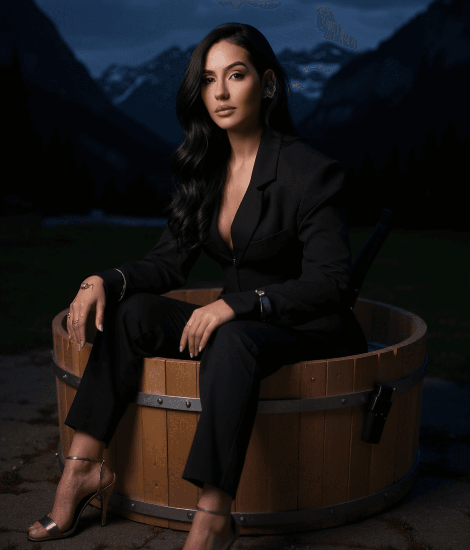 AI generated: full body portrait woman a powerful and dignified portrait ,gorgeous female sitting in wooden hot tu...