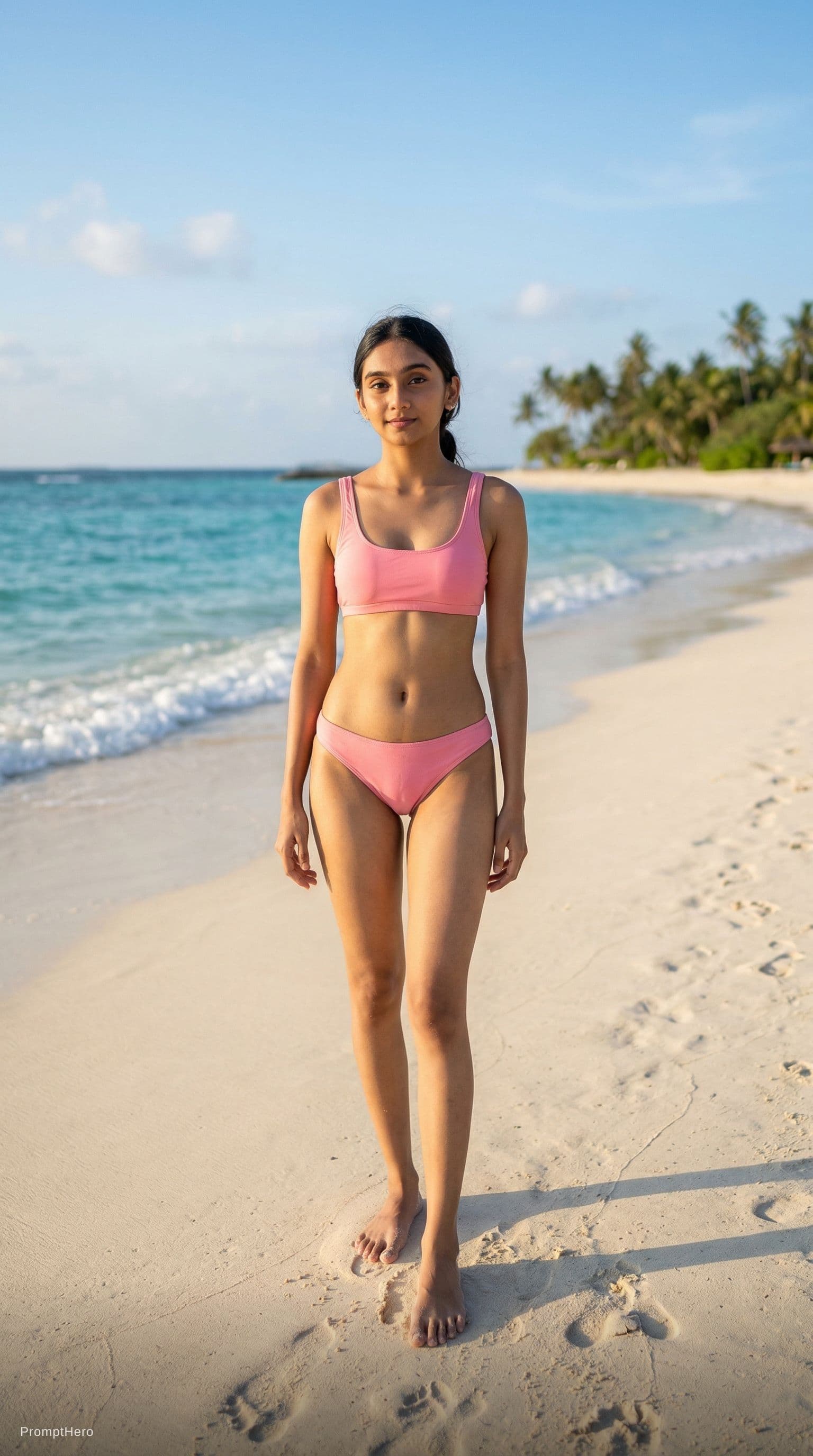 AI generated: Full body character had to feet, She's standing on the beach wearing a pink bikini