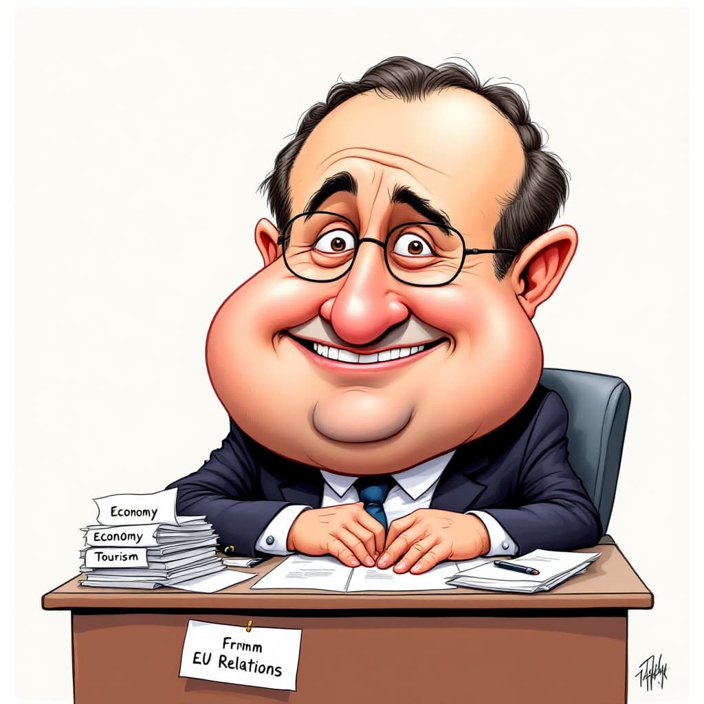 AI generated: A satirical caricature of Kyriakos Mitsotakis, the Greek Prime Minister, with an oversized head and ...
