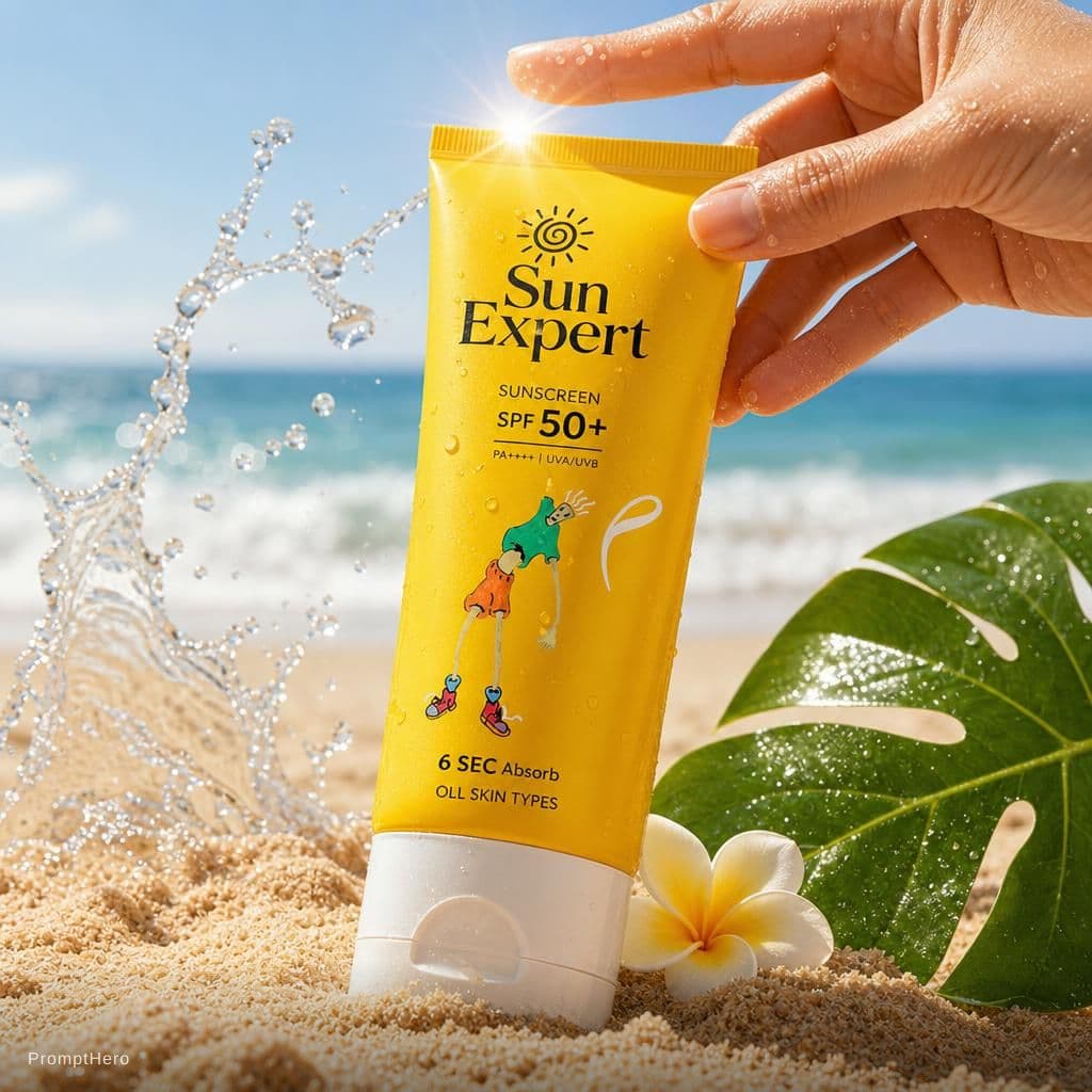 AI generated: {
  "scene": "Product Photography - Sunscreen on Beach",
  "subject": {
    "type": "sunscreen tu...