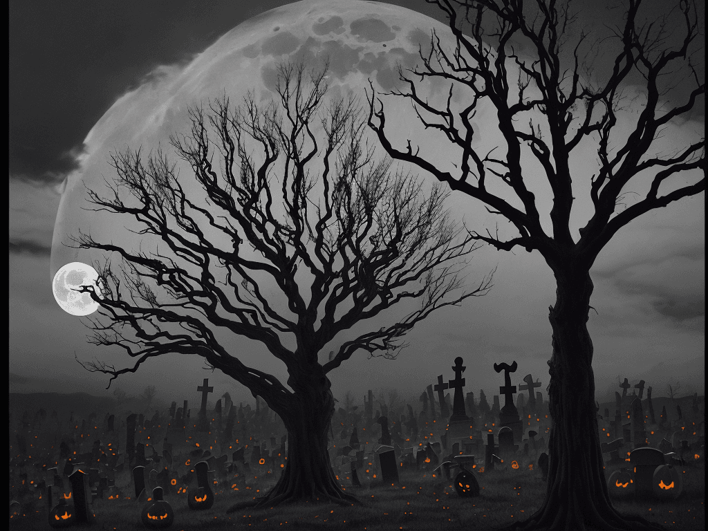 AI generated: The image depicts a hauntingly beautiful Halloween scene, with a large orange moon hanging low in th...