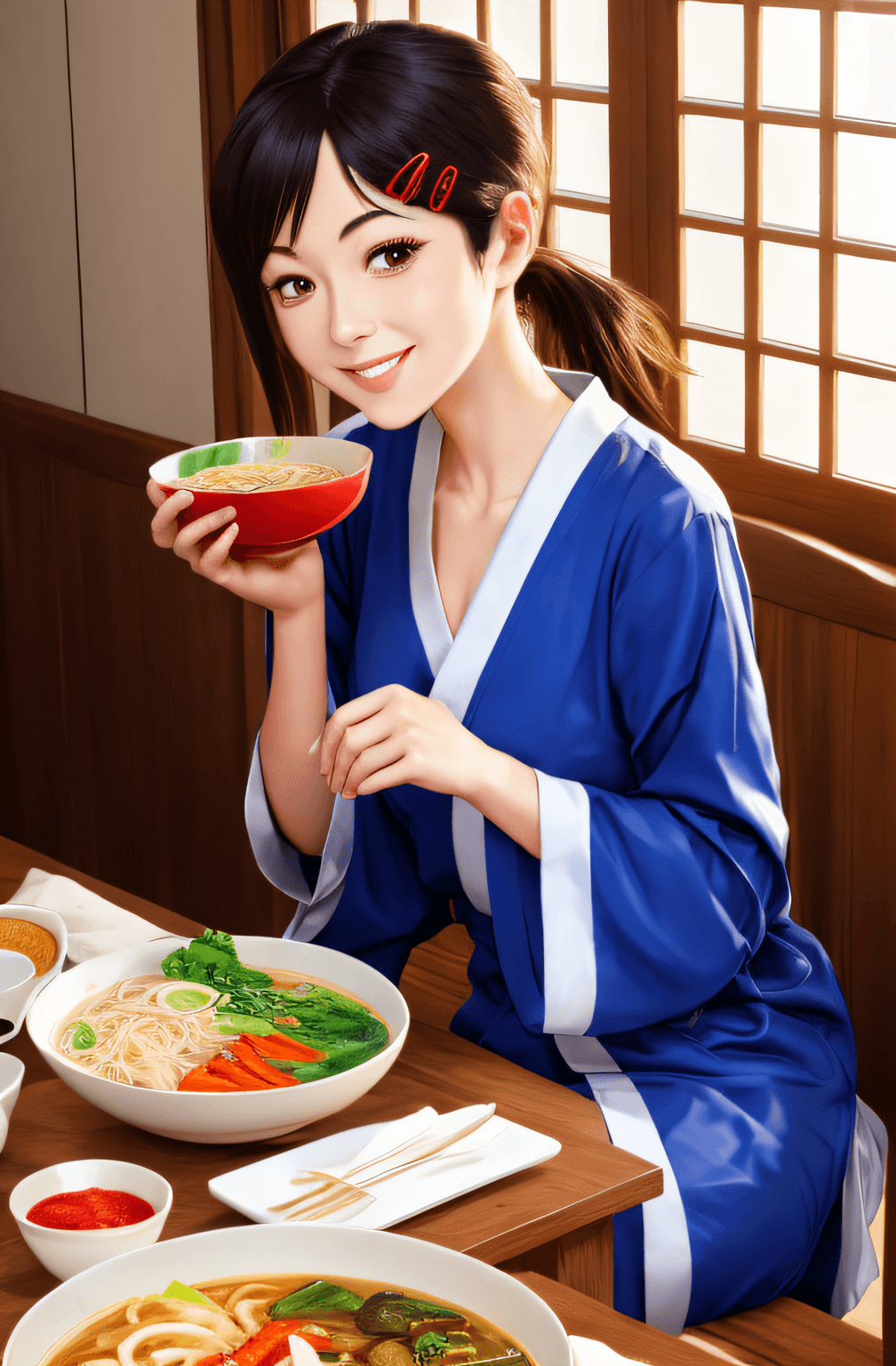 AI generated: A cute girl dining on traditional Japanese food, sitting watching TV, wearing her sleepwear, beautif...