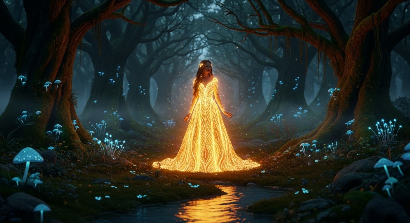 AI generated: glowing golden gown, in an enchanted forest