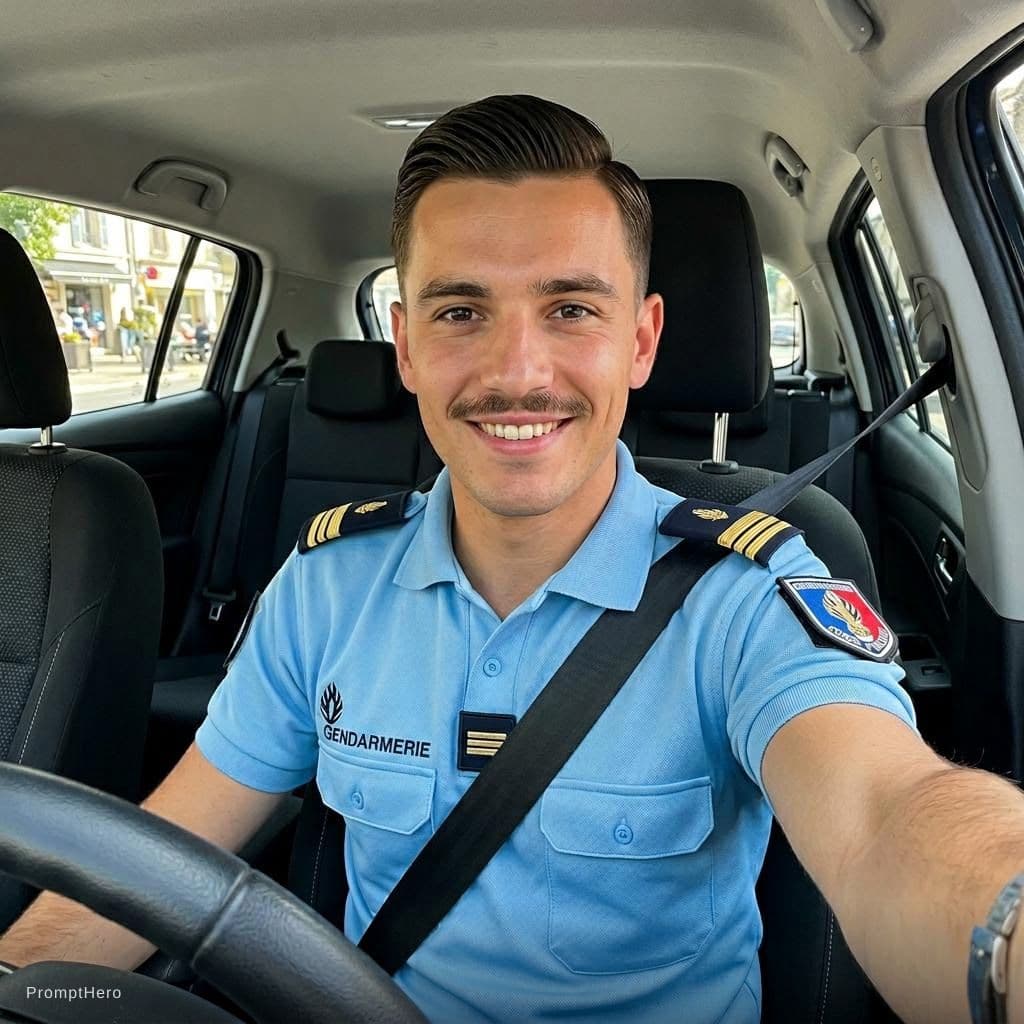 AI generated: Selfie of beautiful young men, sitting in a car, wearing shorts sleeved Gendarmerie elegant shirt wi...