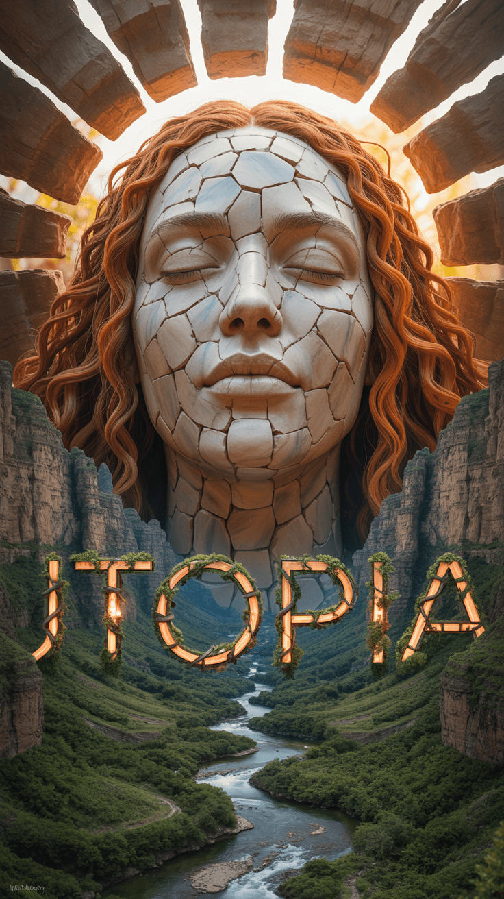 AI generated: 
A hyperrealistic fantasy portrait of a colossal stone-faced woman sculpted into a canyon wall, eyes...