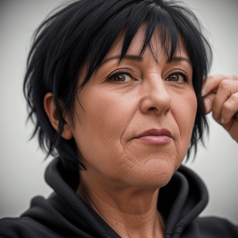AI generated: hyper realistic headshot photo of a 55 year old woman, wearing a hoodie, short black hair,  looking ...