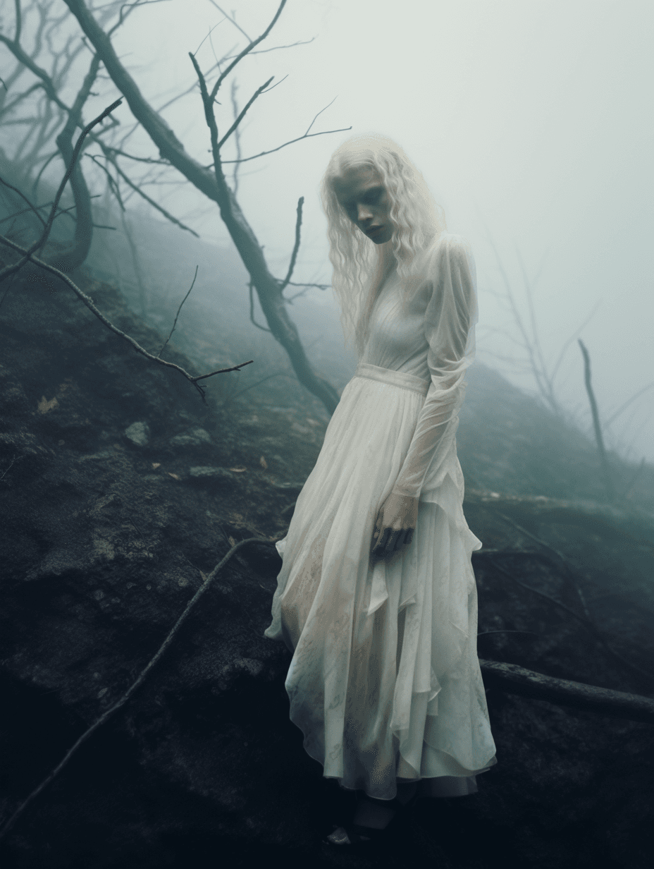 AI generated: Editorial Photoshoot on a eerie foggy forest, a blonde albino model wearing a white muddy torn gown,...