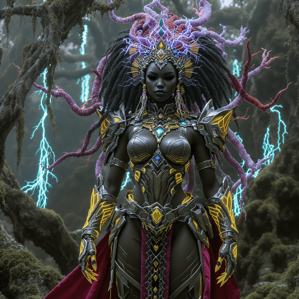 AI generated: vibranium utility belt, moss pathways”: “Ceremonial Elite Afrofuturist warrior queen in a vibranium ...