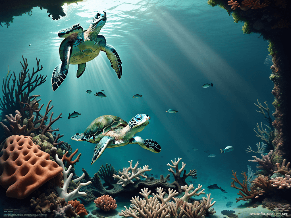 AI generated: Hyper realistic eye level diving photo of one baby happy green sea turtle overlooking the ocean, old...