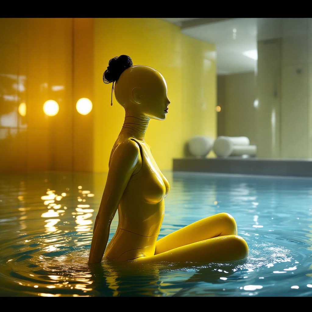 AI generated: Liminal space back rooms, yellow rooms, pool rooms, water maiden in yellow suits a very strange envi...