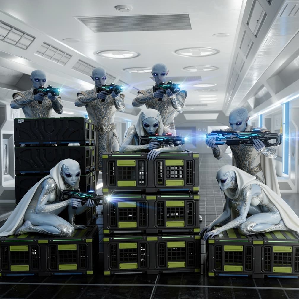 AI generated: futuristic sci-fi storage corridor, clean white walls, blue lighting accents, stacked crates along b...