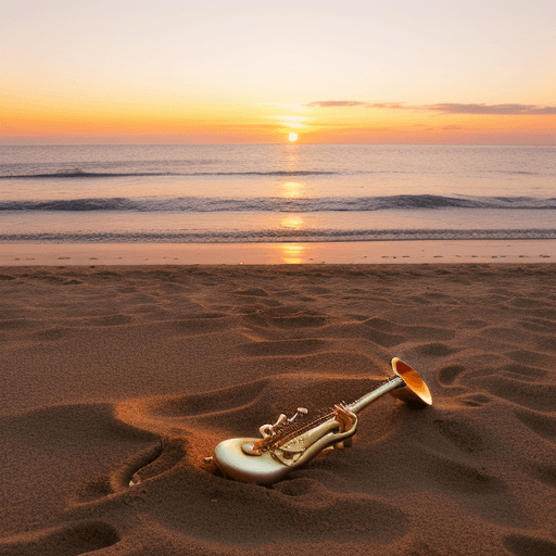 AI generated: sunny beach during a vibrant sunset with hues of orange, gold, and pink. A golden saxophone is parti...