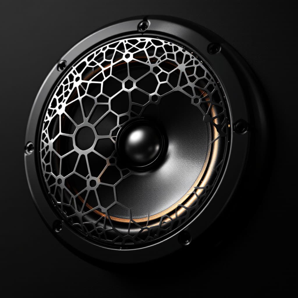AI generated: A 2-inch circular speaker cover with a unique and intricate grill design. The grill pattern should b...