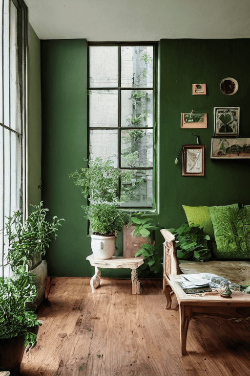 AI generated: high resolution photography interior design, wooden floor, small windows opening onto the garden, ec...