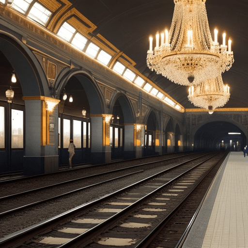 AI generated: People waiting beside empty tracks on a Russian platform with chandeliers 