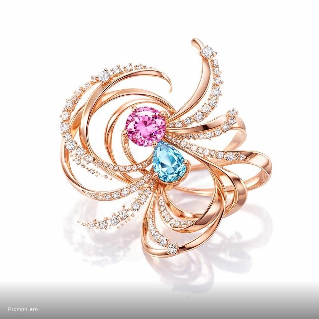 AI generated: Luxury jewelry pendant design inspired by joyful spinning and jumping motion. Abstract flowing spira...