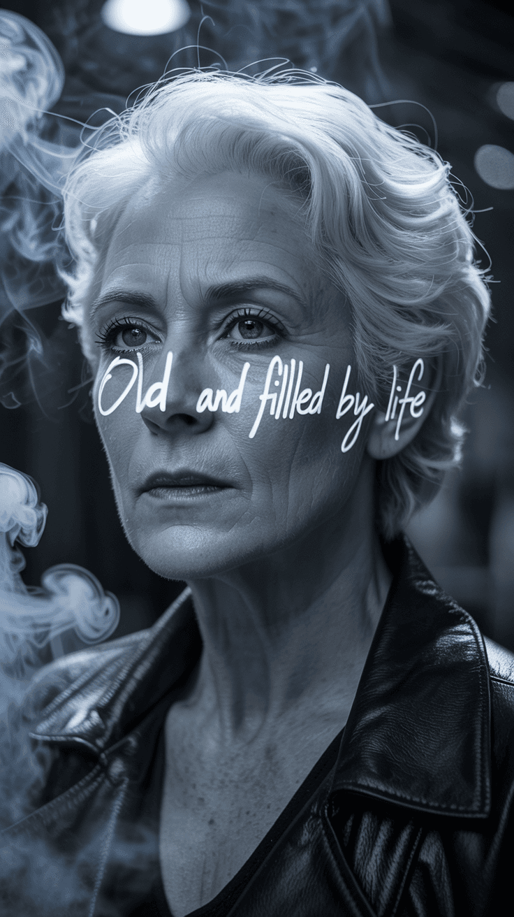 AI generated: An ultra-realistic, high-contrast black and white portrait of a white-haired old woman in a noir set...