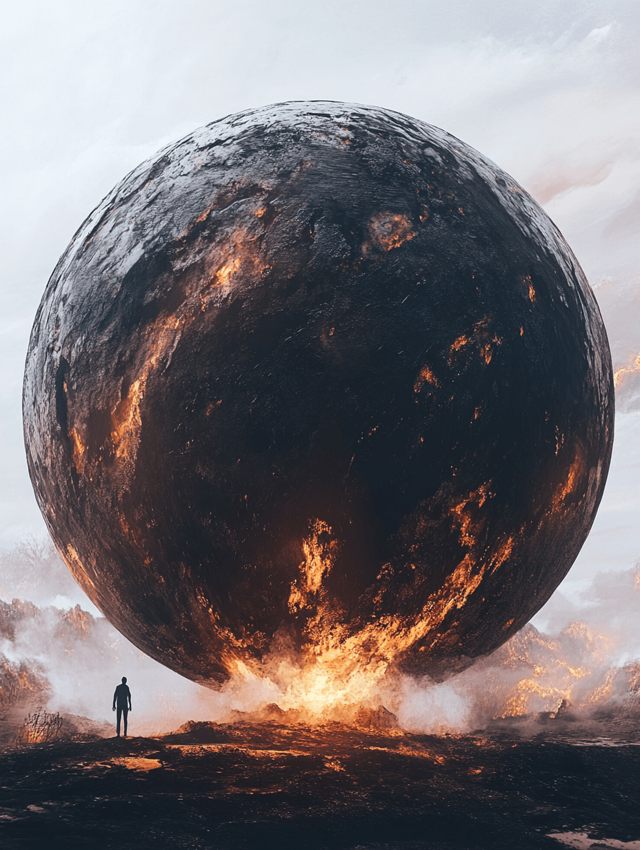 AI generated: A giant black sphere with an opening on the top and inside is on fire, with two people standing at t...