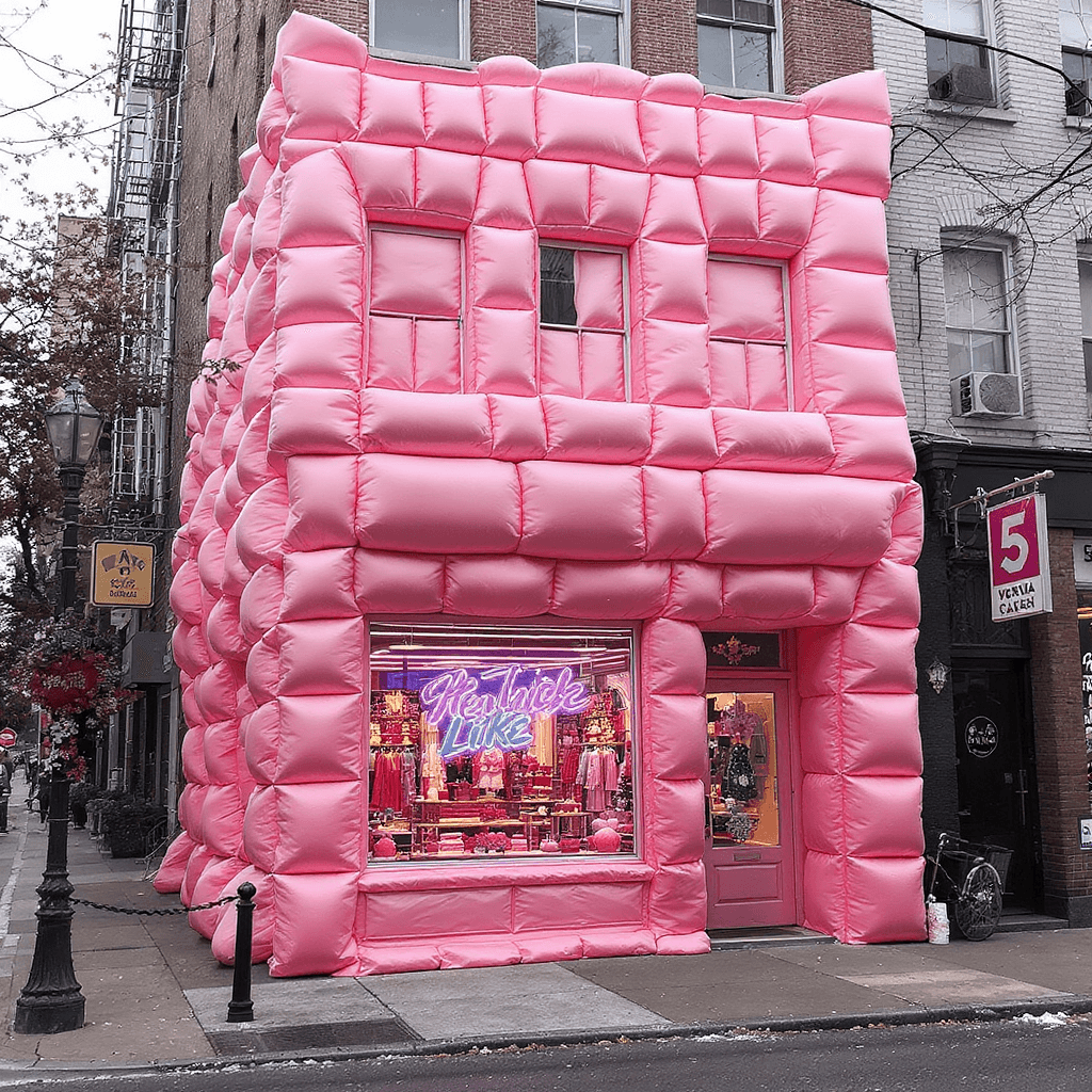 AI generated: New York, city street, the facade of one boutique is completely covered with a pink silk fabric very...