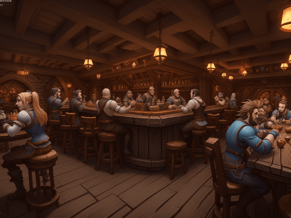 AI generated: hearth tavern, video game, guests around tables, playing role game, d20, hearthstone theme, panorami...