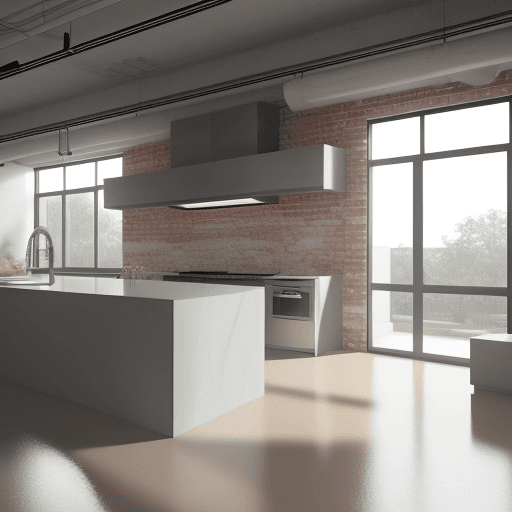 AI generated: modern interior design, minimalist kitchen bathed in natural light with brick walls polished concret...