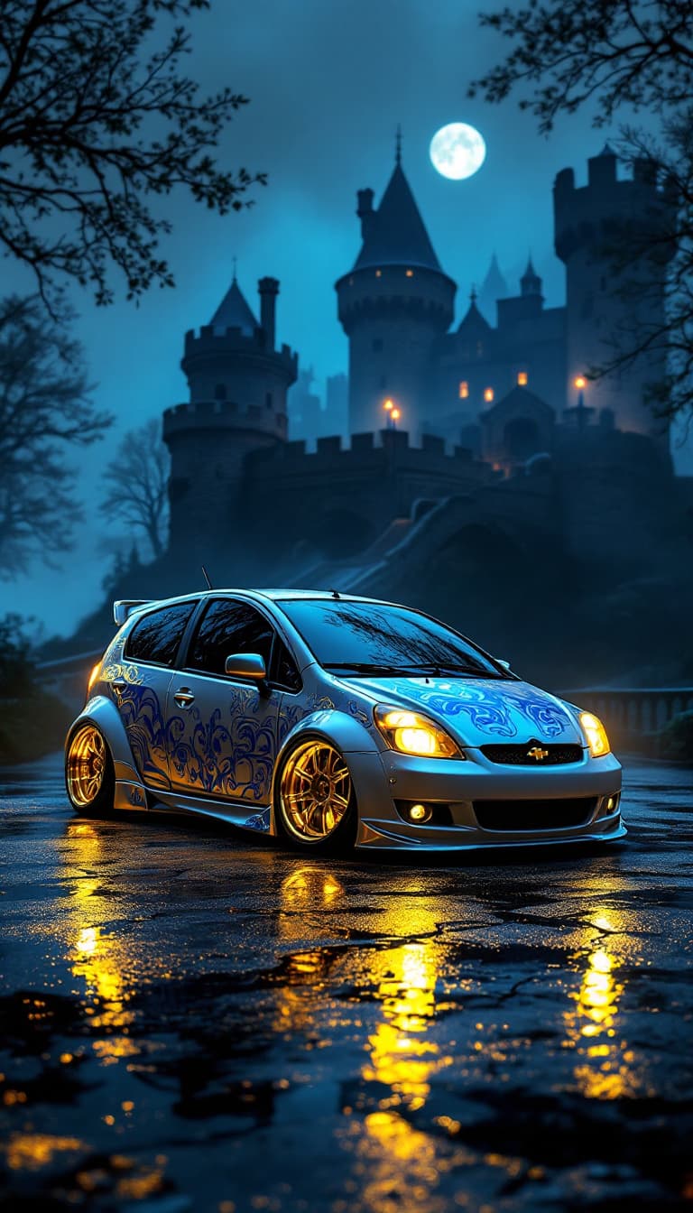 AI generated: A photo realistic 2009 Chevrolet matiz from a front side view. The car is lowered, a metallic white ...