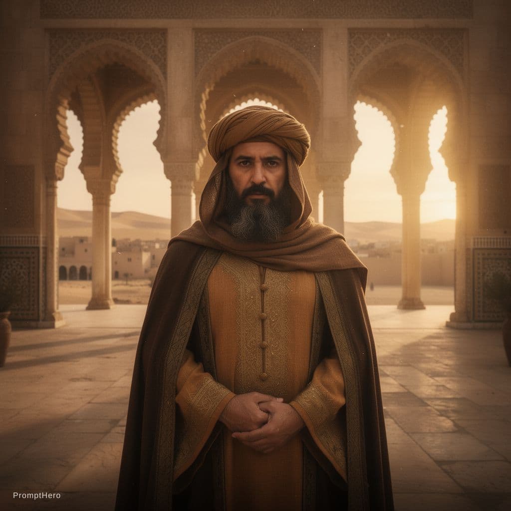 AI generated: Epic cinematic portrait of Ibn Khaldun (Ibn Jaldún), 14th-century Arab historian and philosopher, po...