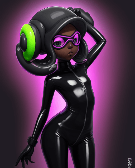 AI generated: splatoon, octoling, dark skin, latex suit, mindless, drone, visor, hypnotized