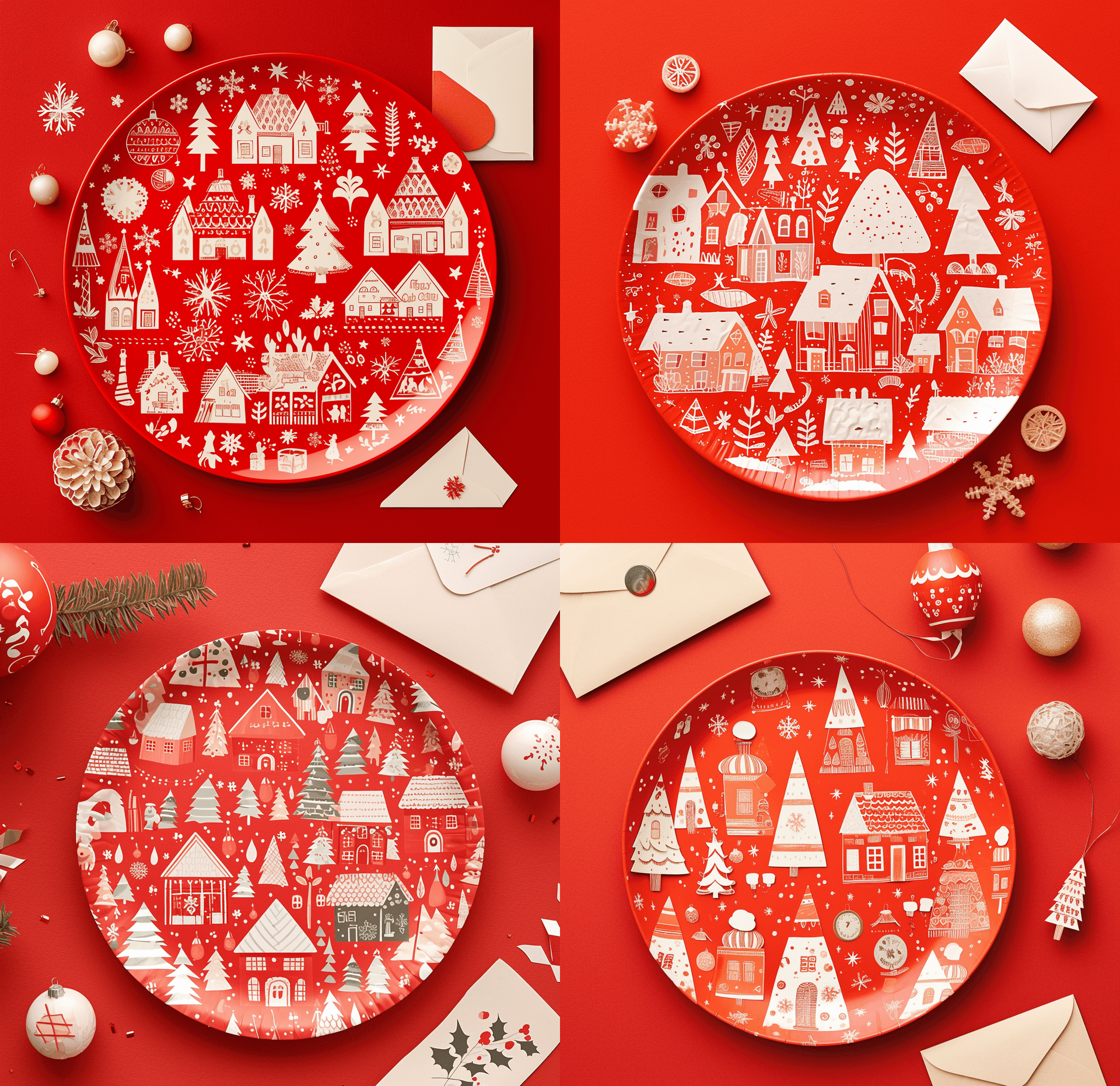AI generated: A red paper plate with white Christmas houses and snowflake patterns. There is also an envelope on t...