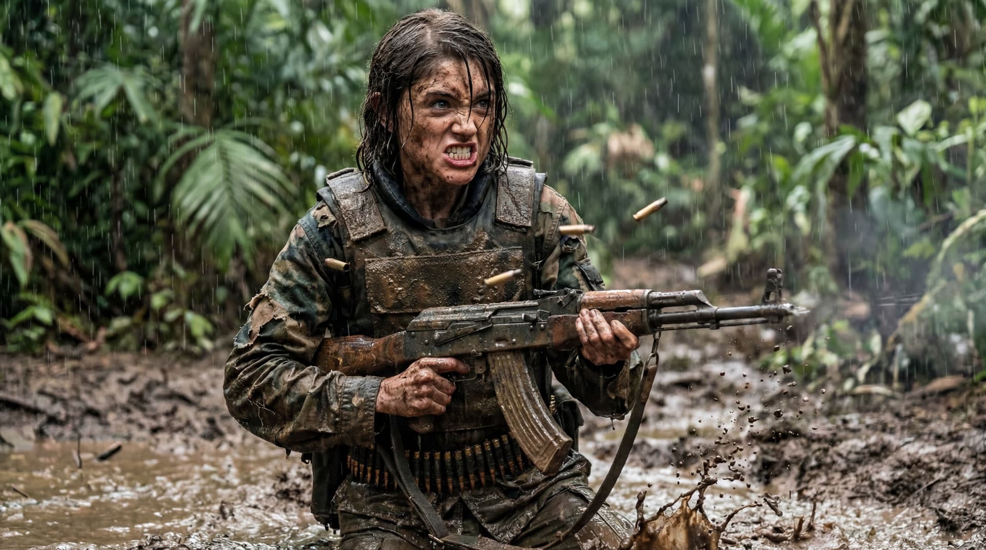 AI generated: Turn Nancy Wheeler into Rambo with guns and raging teeth. Shooting Ak 47 in a jungle filled with mud...