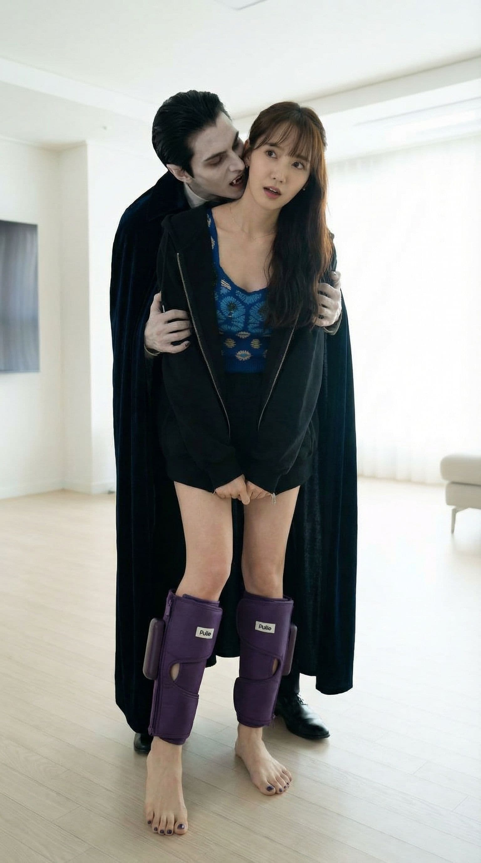 AI generated: Attach the feet to the woman and have her standing with a pale vampire behind her wrapping his arms ...