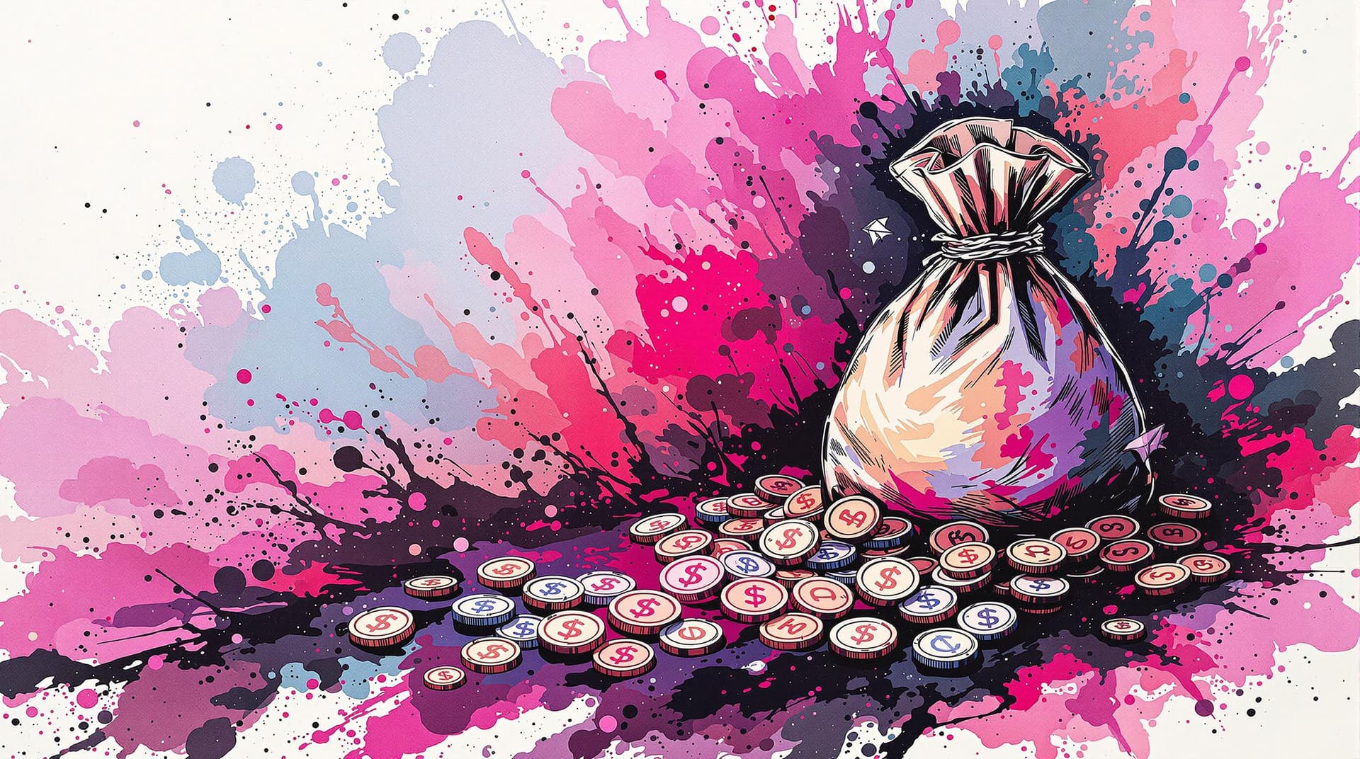 AI generated: Coins, A money bag overflowing., paper airplane, detailed,full-body shots,ink style,Ink splash art o...