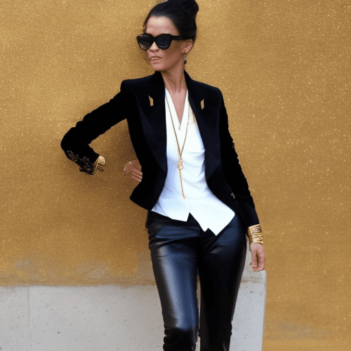AI generated: The female climber, in a sophisticated and luxurious look, is wearing a long black blazer with gold ...