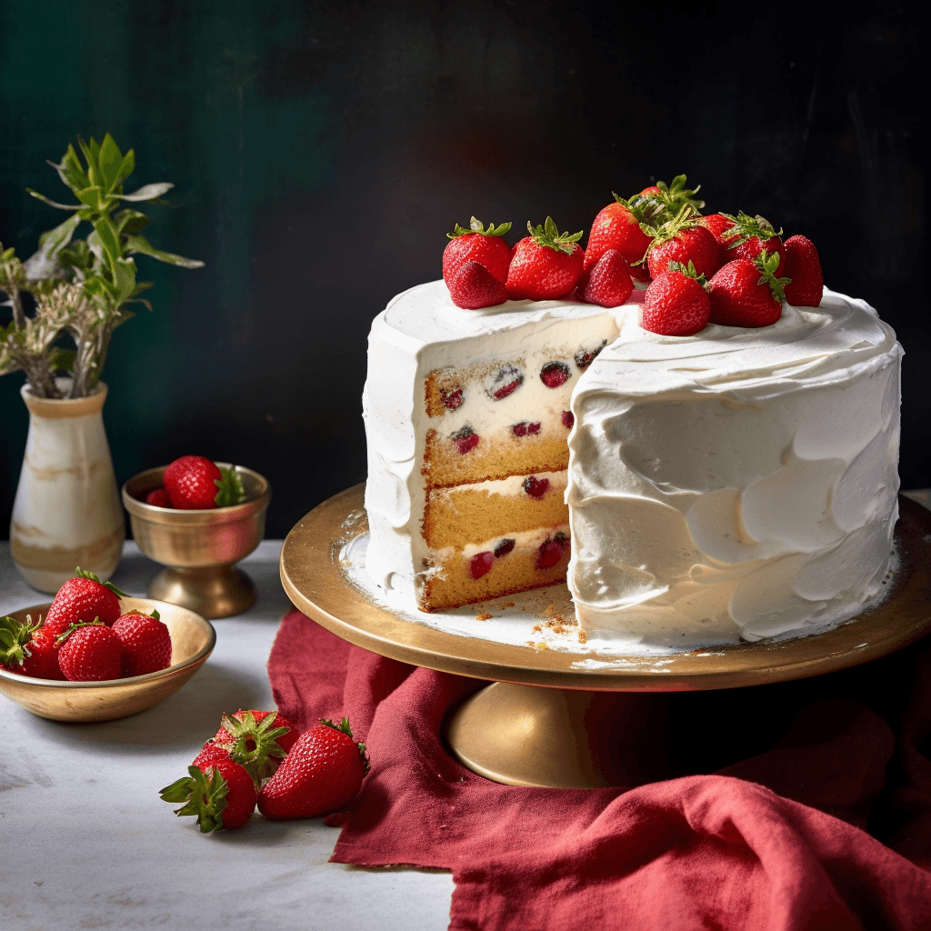 AI generated: Christmas cake, white frosting, on a wooden board, berries, nuts, in front of a old worn out green w...