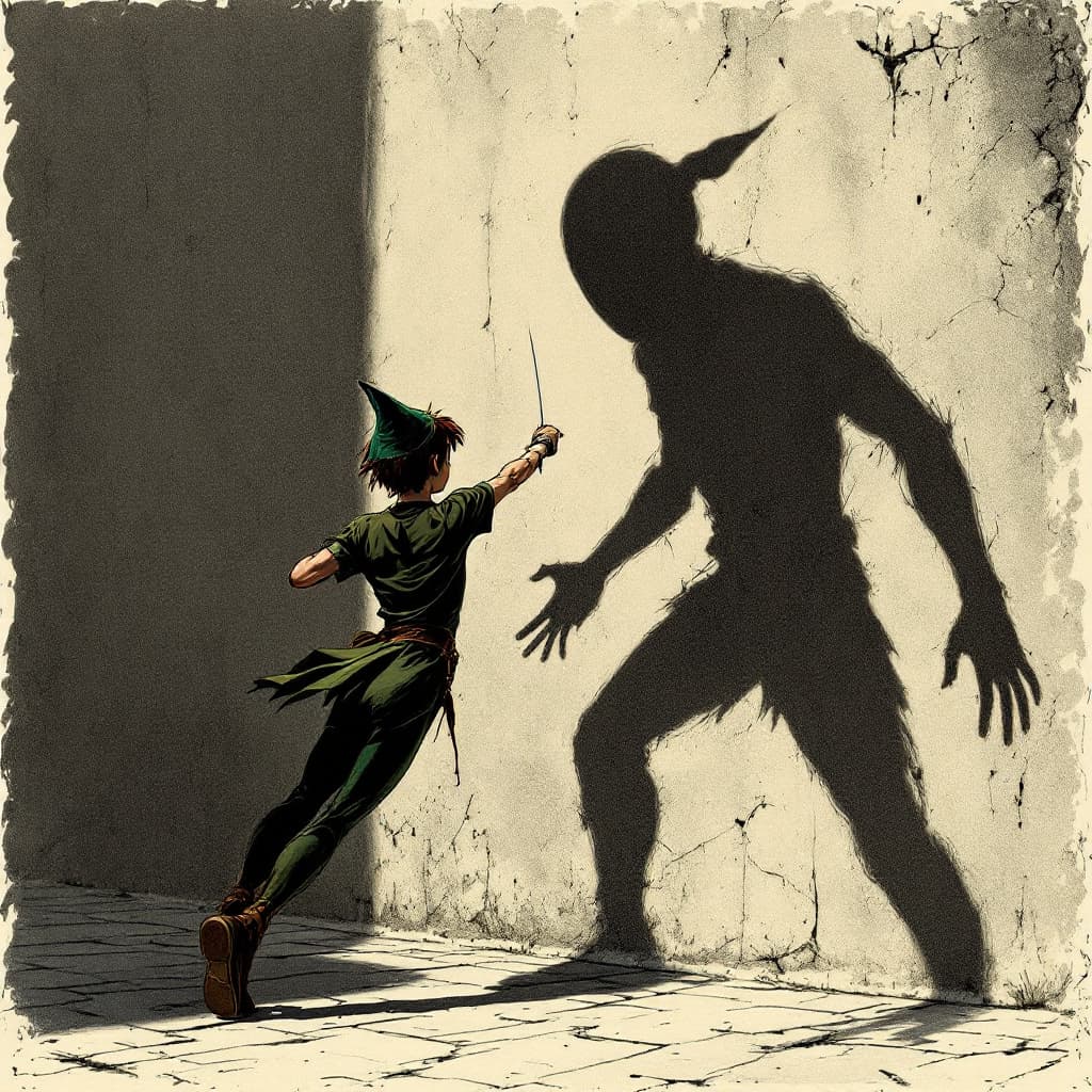 AI generated: Photorealistic  full body shot of peter pan fencing with his shadow against a wall, and  it is taunt...
