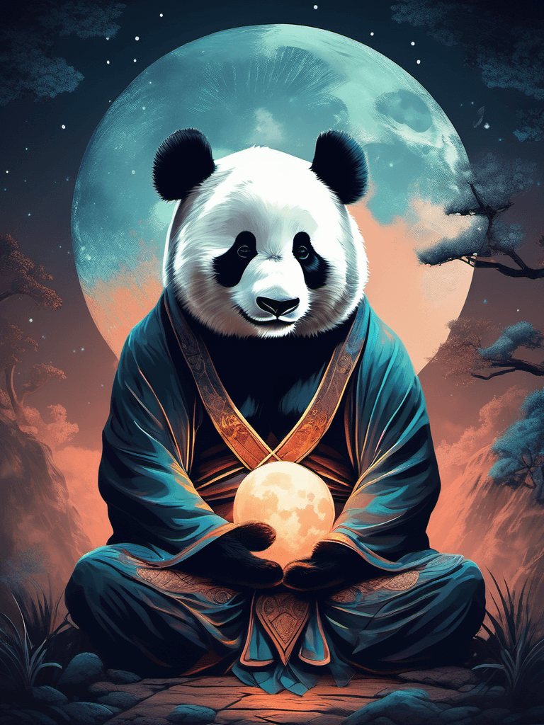 AI generated: a wise panda meditating under a full moon, soft pastel hues, digital painting, unforgettable, detail...